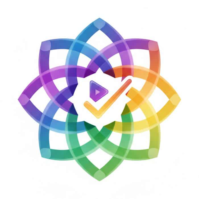 A multicolored geometric flower pattern with a play button and a check mark symbol inside a white badge at the center.