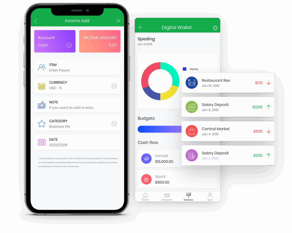 Two smartphone screens show a personal finance app interface with options to add income and view recent transactions, budgets, and cash flow statistics.