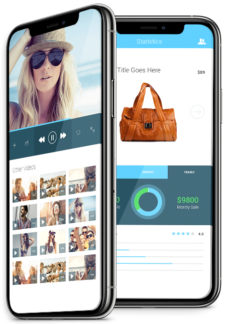 Two smartphones display different apps: one shows a video player interface with a woman in sunglasses, and the other shows product sales statistics with an image of a brown handbag.