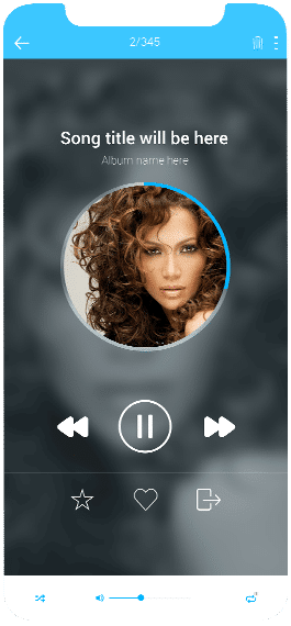 A music player app interface on a smartphone displays a song with a female artist’s photo, playback controls, and options for favorite and playlist.