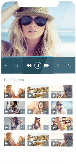 A music or video app interface on a smartphone displays a woman in sunglasses and a hat, with playback controls and a grid of video thumbnails below.
