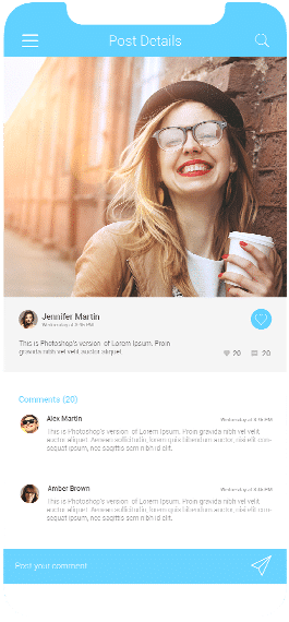 A woman with glasses and a hat smiles while holding a coffee cup, shown on a mobile app screen with post details and comments below.