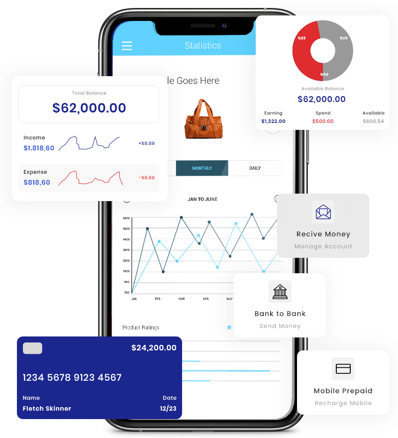 A smartphone screen displays a financial app with charts, pie graphs, balance details, and banking feature icons such as receive money, send money, and mobile prepaid recharge.