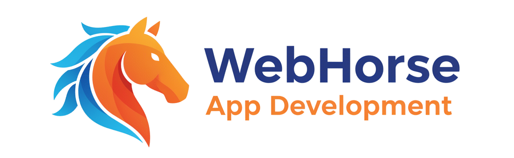 Logo for WebHorse App Development featuring a stylized horse head with blue and orange gradients next to the company name in blue and orange text on a light background.