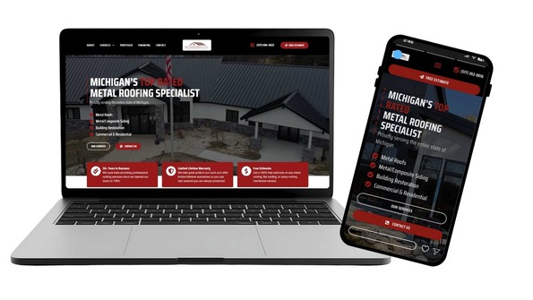 A laptop and smartphone display a roofing company's website, both showing the homepage with information about Michigan's top-rated metal roofing specialist.
