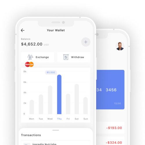 Mobile wallet app interface displaying balance, transaction graph, Mastercard logo, exchange and withdraw options, and recent transactions.