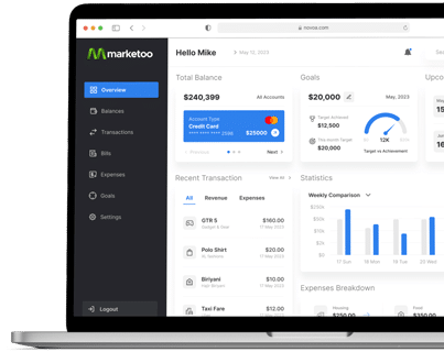 A laptop screen displays a financial dashboard with account balances, recent transactions, goals, statistics, and a sidebar menu for navigation.