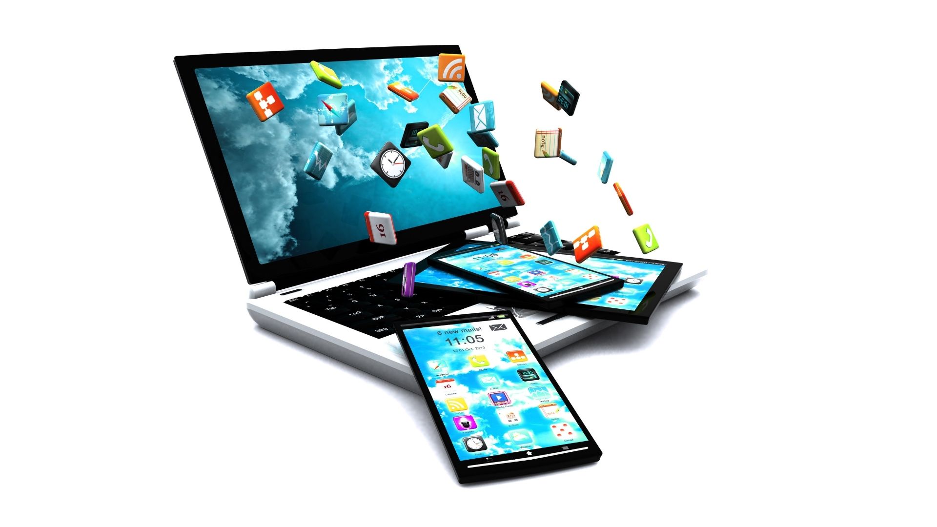 Laptop, phone, and tablet with icons flooding into the screen